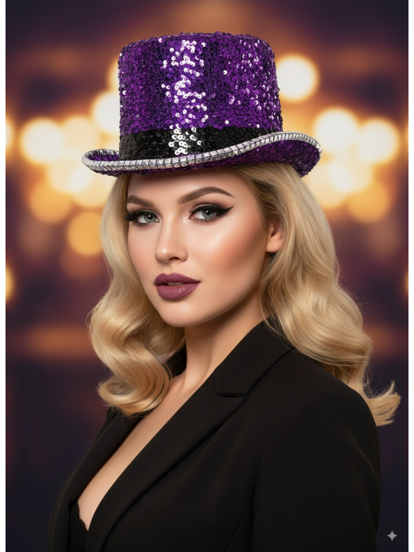 Chapeau haut de forme violet paillettes & strass – Fever® Deluxe (mixte, taille unique femme