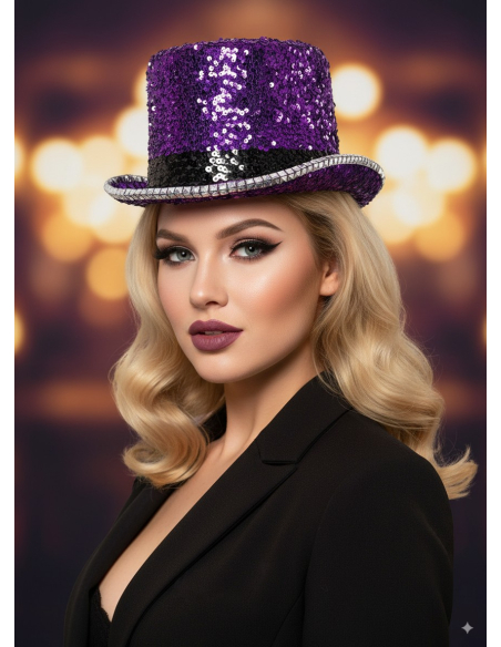 Chapeau haut de forme violet paillettes & strass – Fever® Deluxe (mixte, taille unique femme