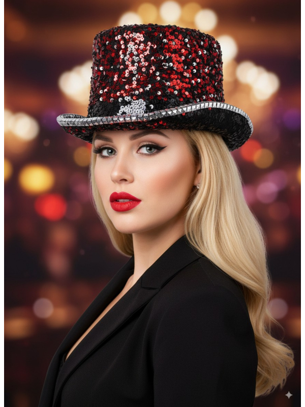 chapeau haut de forme rouge Fever paillettes et strass, taille unique adulte mixte, accessoire disco cabaret carnaval