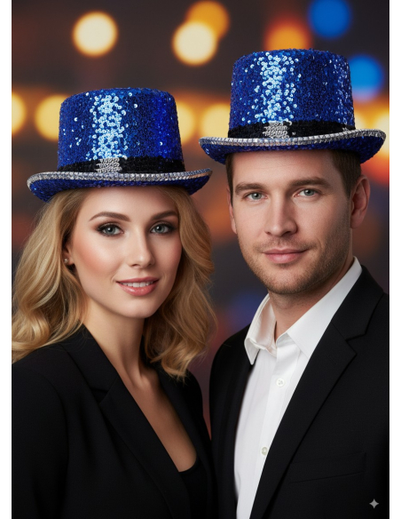 Chapeau haut de forme bleu paillettes & strass – Fever® Deluxe (mixte, taille unique)