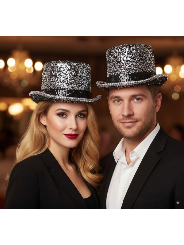 Chapeau haut de forme argent paillettes & strass – Fever® Deluxe (mixte, taille unique)