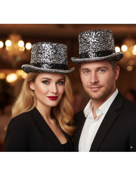 Chapeau haut de forme argent paillettes & strass – Fever® Deluxe (mixte, taille unique)