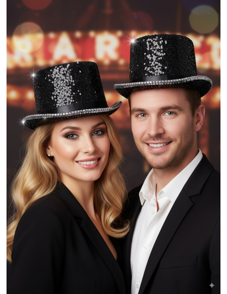 Chapeau haut de forme noir paillettes & strass – Fever® Deluxe (mixte, taille unique)