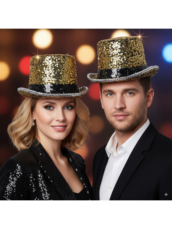 Chapeau haut de forme doré paillettes & strass – Fever® Deluxe (mixte, taille unique)