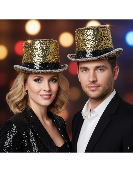 Chapeau haut de forme doré paillettes & strass – Fever® Deluxe (mixte, taille unique)
