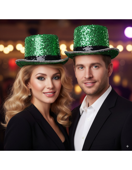 Chapeau haut de forme vert paillettes & strass – Fever® Deluxe (mixte, taille unique)