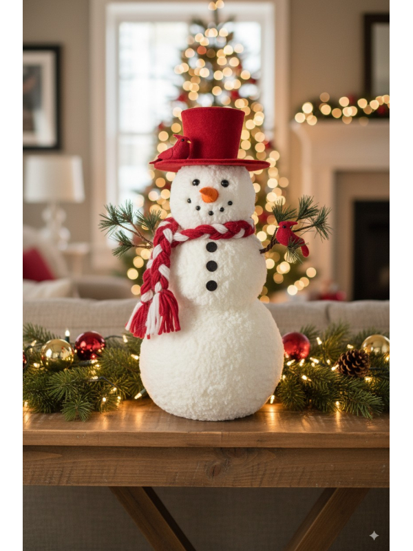 Bonhomme de neige 46 cm avec chapeau haut de forme rouge – Décoration de Noël chaleureuse