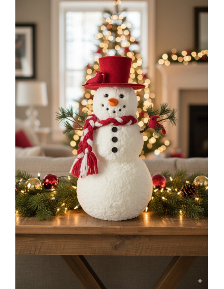 Bonhomme de neige 46 cm avec chapeau haut de forme rouge – Décoration de Noël chaleureuse