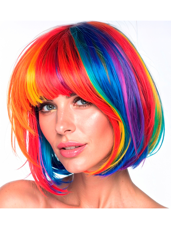 Perruque Arc-en-Ciel Femme – Carré Lisse Multicolore Fluo