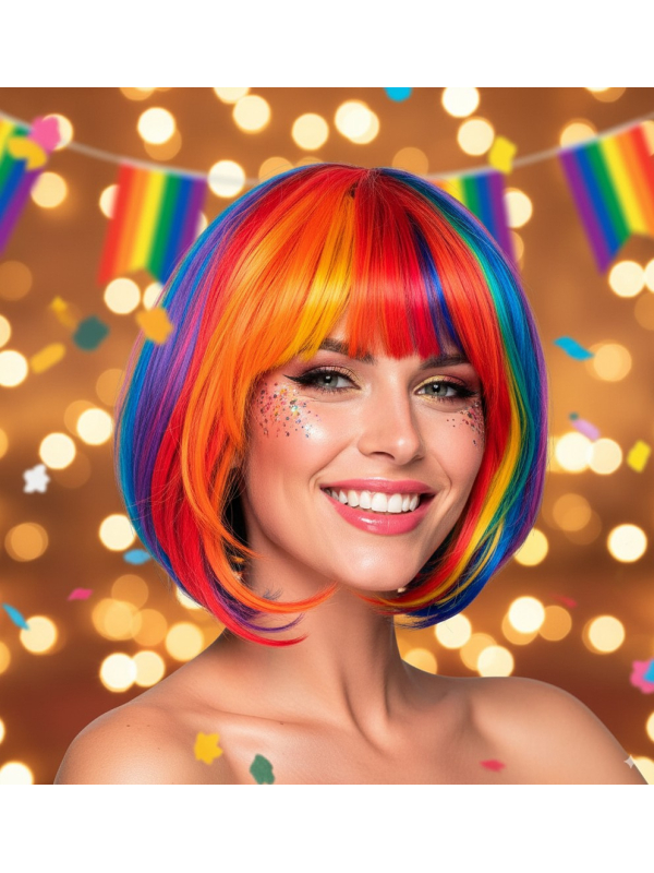 Perruque Arc-en-Ciel Femme – Carré Lisse Multicolore Fluo