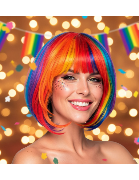 Perruque Arc-en-Ciel Femme – Carré Lisse Multicolore Fluo