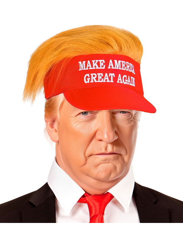 Visière Rouge avec Cheveux de Président – “Make America Great Again”