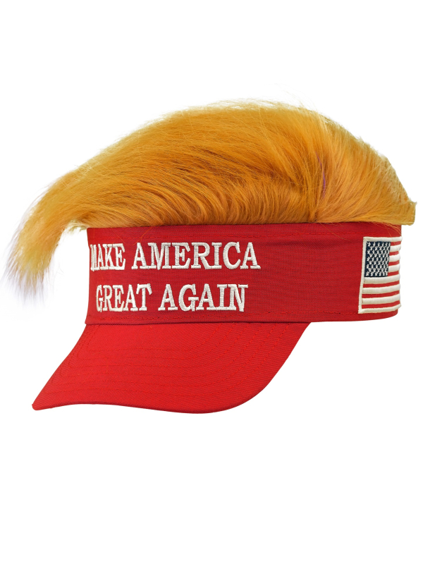 Visière Rouge avec Cheveux de Président – “Make America Great Again”