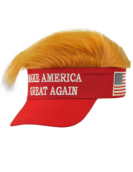 Visière Rouge avec Cheveux de Président – “Make America Great Again”