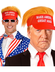 Visière Rouge avec Cheveux de Président – “Make America Great Again”