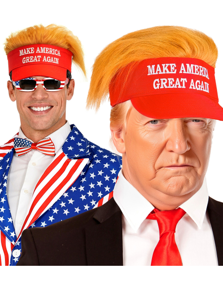 Visière Rouge avec Cheveux de Président – “Make America Great Again”