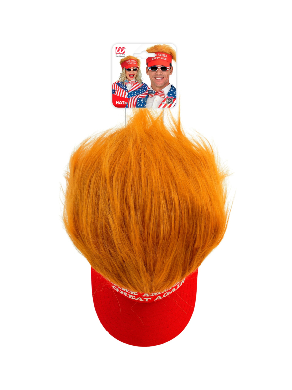 Visière Rouge avec Cheveux de Président – “Make America Great Again”