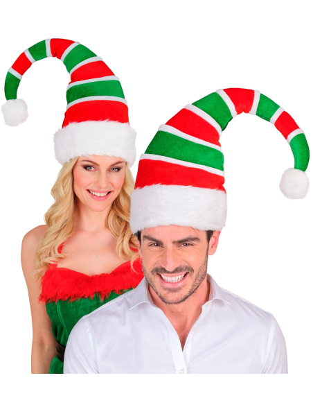 Bonnet de Lutin de Noël Adulte – Haute Qualité Rembourré, Rayé Rouge & Vert