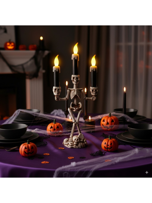 Chandelier Squelette Halloween – 3 Bougies LED (36 cm)