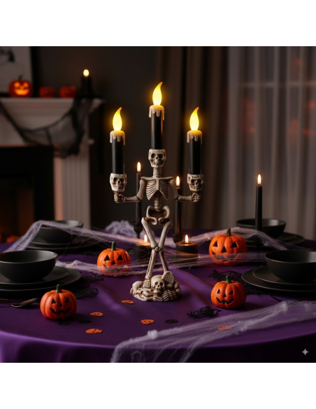 Chandelier Squelette Halloween – 3 Bougies LED (36 cm)