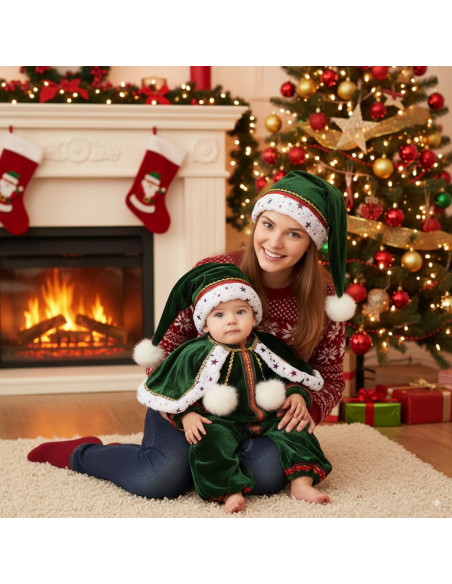 Déguisement Bébé Lutin de Noël – Combinaison, Cape et Bonnet Doublés Coton – Confection Européenne