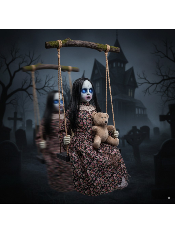 Automate Halloween, fillette avec peluche sur balançoire