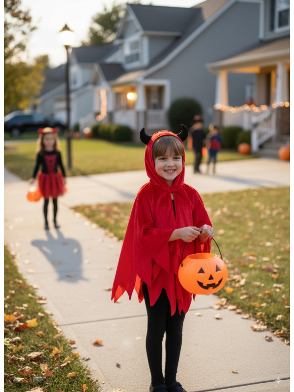 Cape Diable rouge avec cornes, enfant aspect velours - Halloween