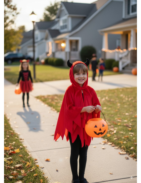 Cape Diable rouge avec cornes, enfant aspect velours - Halloween