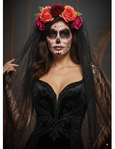 Serre-tête Halloween Avec Roses Et Voile - 2 Tatouages Temporaires Inclus, Pour Déguisement, Fête, Journée Des Morts