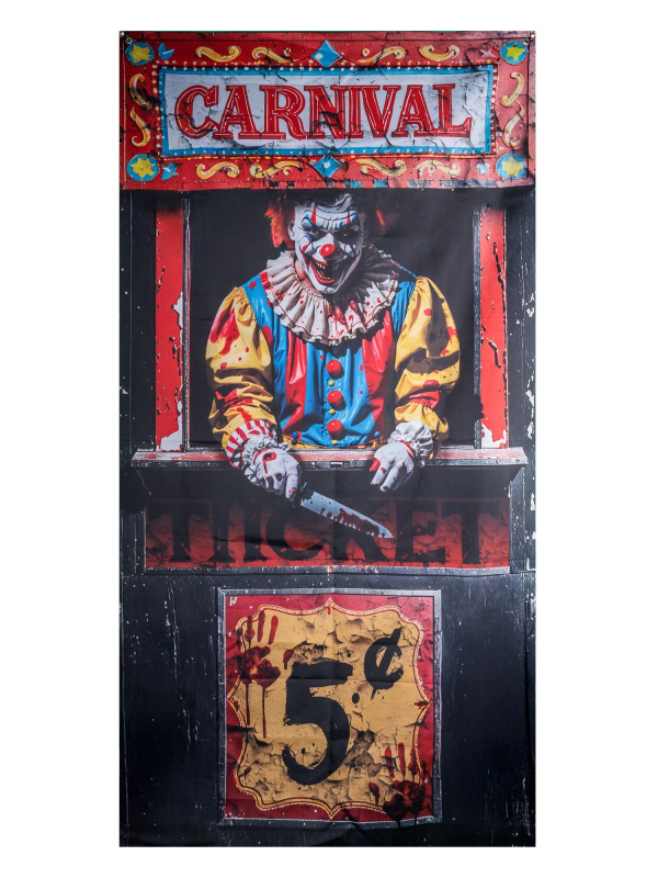 Rideau de Porte Clown Sanglant – Décoration Cirque de l’Horreur Halloween 98×200 cm