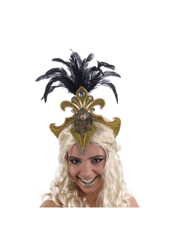 Coiffe Carnaval Dorée & Noire – Plumes et Strass pour Danseuses et Défilés