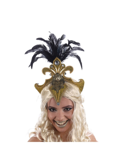 Coiffe Carnaval Dorée & Noire – Plumes et Strass pour Danseuses et Défilés