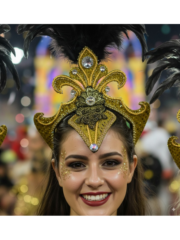 Coiffe Carnaval Dorée & Noire – Plumes et Strass pour Danseuses et Défilés