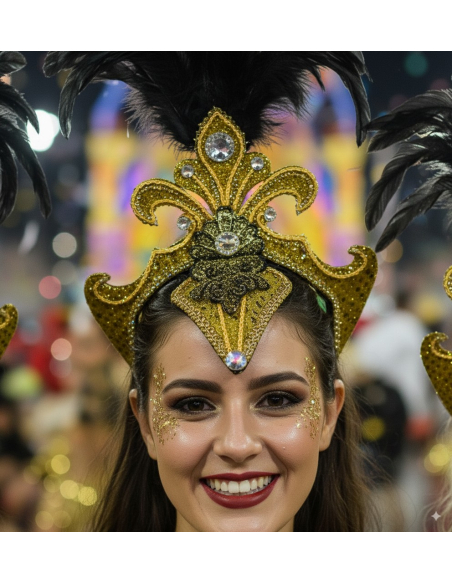 Coiffe Carnaval Dorée & Noire – Plumes et Strass pour Danseuses et Défilés