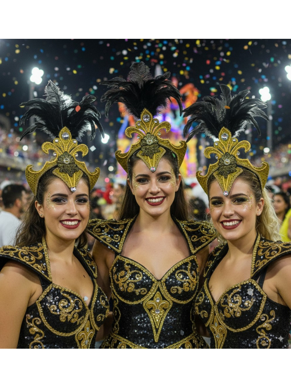 Coiffe Carnaval Dorée & Noire – Plumes et Strass pour Danseuses et Défilés