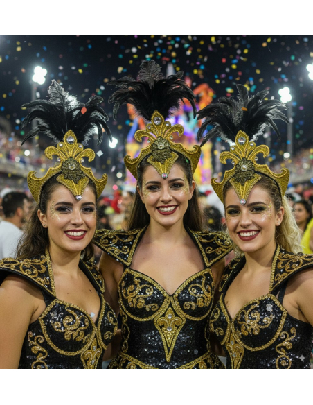 Coiffe Carnaval Dorée & Noire – Plumes et Strass pour Danseuses et Défilés