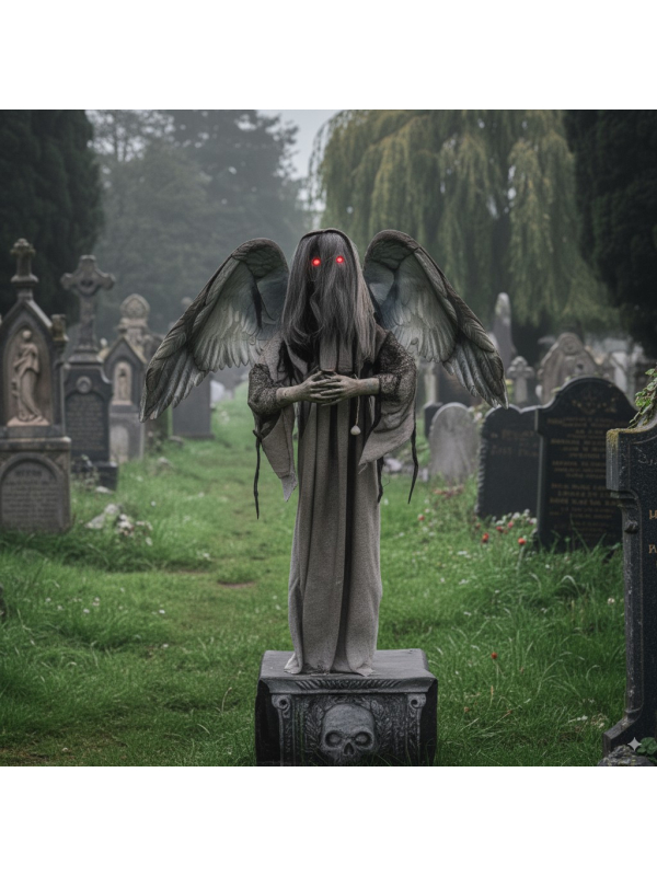 Déco Halloween: Pierre Tombale Animée avec Ange de la Mort 168 cm