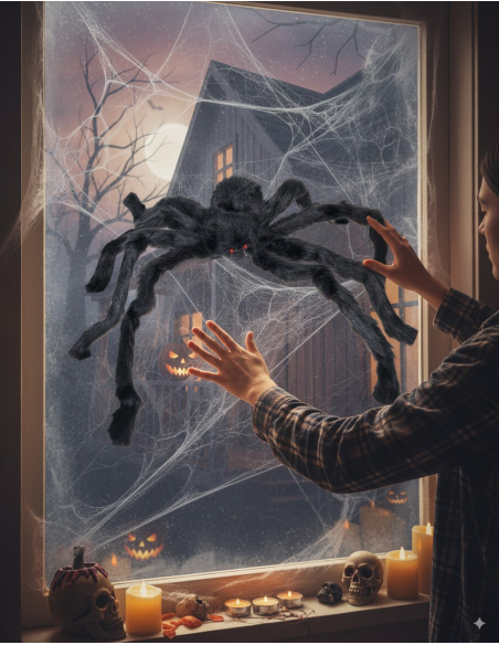 Décoration Halloween : Araignée géante velue noire 90 cm