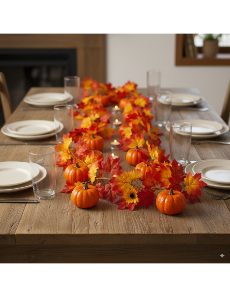 Guirlande végétale d'automne avec feuillages et citrouilles oranges 175 cm