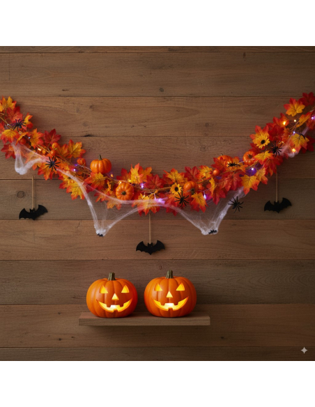 Guirlande végétale d'automne avec feuillages et citrouilles oranges 175 cm