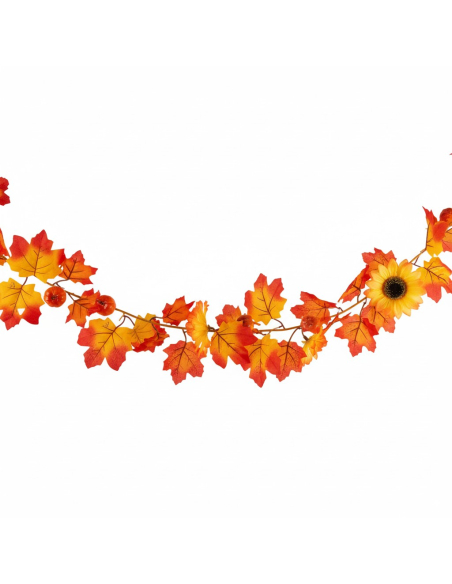 Guirlande végétale d'automne avec feuillages et citrouilles oranges 175 cm