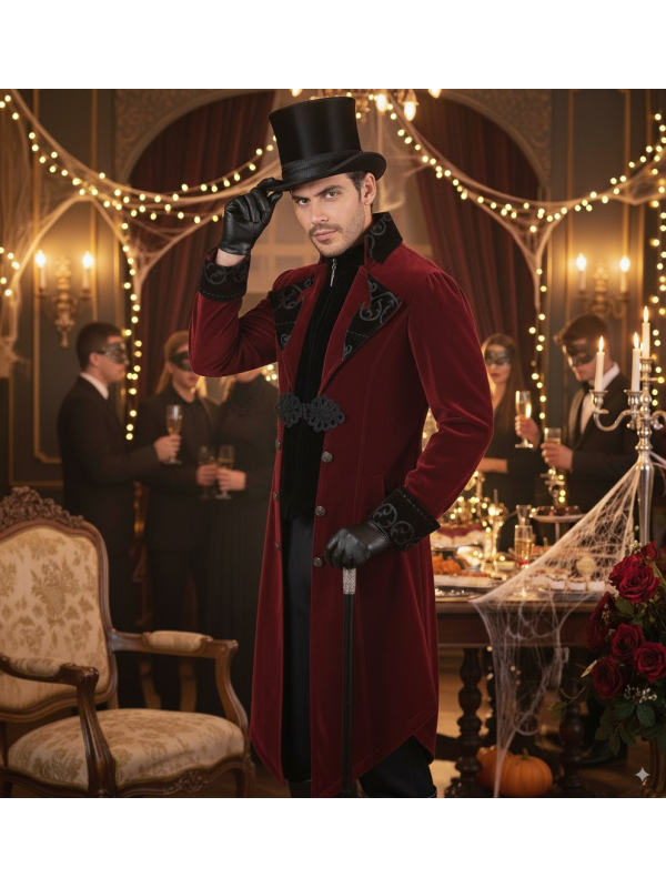 Veste Queue-de-Pie Gothique Homme en Velours Bordeaux – Costume Vampire et Gentleman (S à XXL)