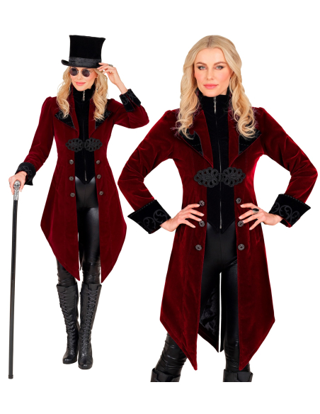 Veste Queue-de-Pie Gothique Femme en Velours Bordeaux – Costume Vampire Élégant (XS à XXL)