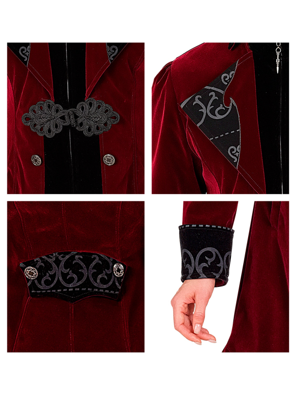 Veste Queue-de-Pie Gothique Femme en Velours Bordeaux – Costume Vampire Élégant (XS à XXL)