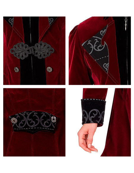 Veste Queue-de-Pie Gothique Femme en Velours Bordeaux – Costume Vampire Élégant (XS à XXL)