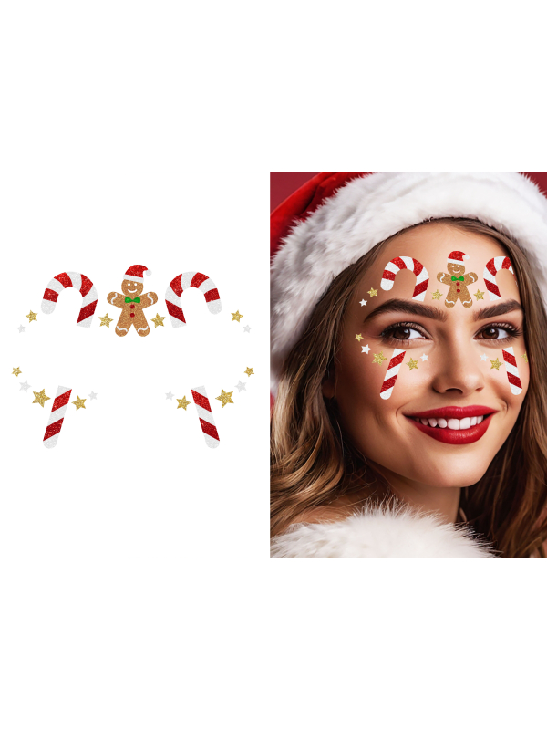 Stickers Visage Noël Pailletés – Candy Canes, Étoiles & Bonhomme Pain d’Épices