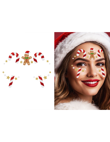 Stickers Visage Noël Pailletés – Candy Canes, Étoiles & Bonhomme Pain d’Épices