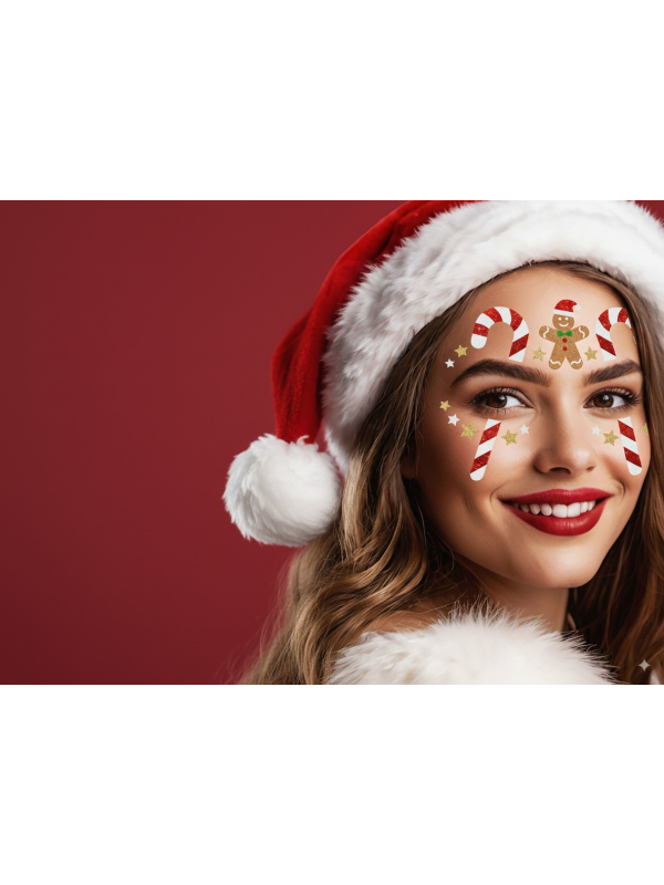 Stickers Visage Noël Pailletés – Candy Canes, Étoiles & Bonhomme Pain d’Épices
