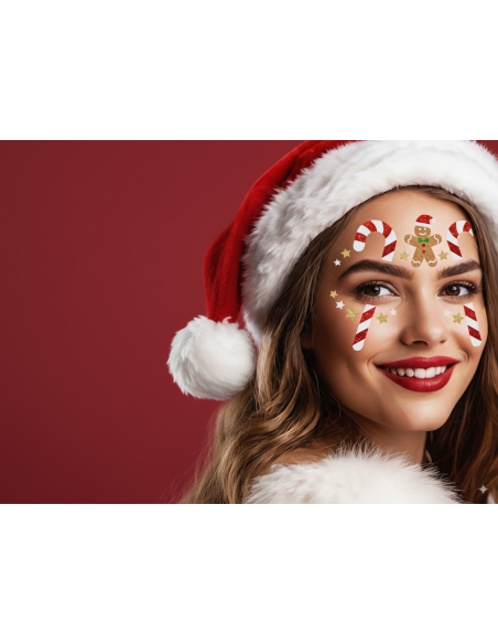 Stickers Visage Noël Pailletés – Candy Canes, Étoiles & Bonhomme Pain d’Épices