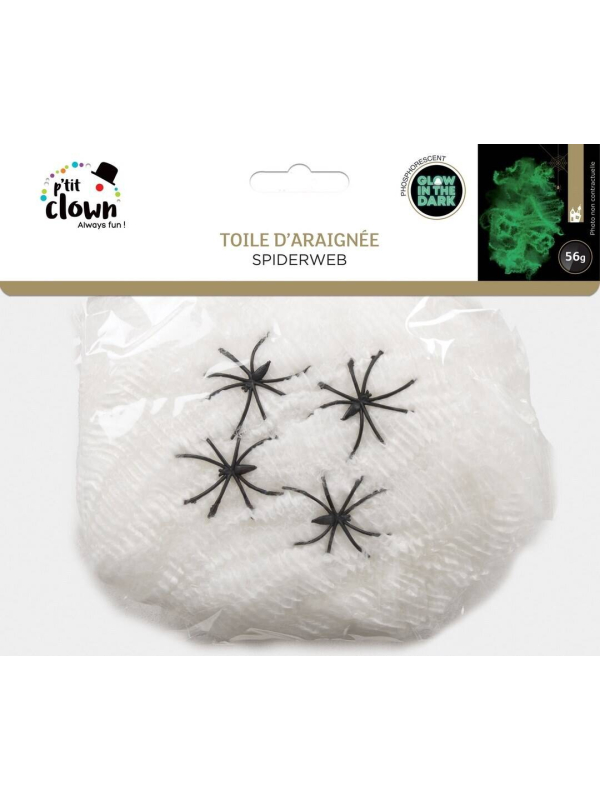 Toile d’Araignée Phosphorescente 56 g – Blanche (brille dans le noir) + 4 Araignées Noires